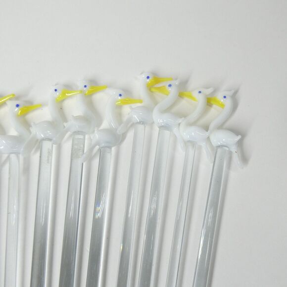 Cocktail Stirrers White Birds Hand Blown Glass Set of 16 Vintage Swizzle Sticks - Picture 6 of 11